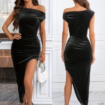 Mode Ärmellos Samt Bodycon Kleid mit Unregelmäßigem Saum und Asymmetrischer Schulter