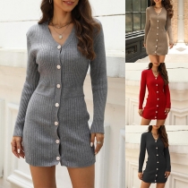 Elegant Främre Knapp V-ringad Långärmad Ribbad Bodycon Klänning