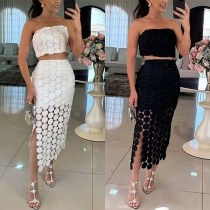 Bohemisk Stil Spets Tvådelad Set med Bandeau och Slitskjol