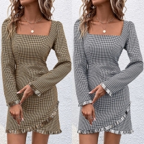 Houndstooth mönstrad fyrkantig hals långärmad smal oregelbunden nederkant Bodycon Klänning