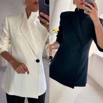 Långärmad Mock Neck Kavaj med Enkel Knapp i Modestil