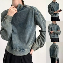 Långärmad vintage jeansskjorta med knappstativ och gammaltvätt för män