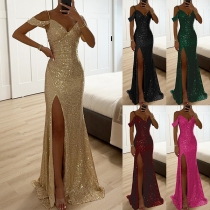 Sexig Glittrande Paljett V-ringad Off-shoulder Kortärmad Sidoslits Maxi Aftonklänning