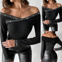 Rhinestone Mode Axelbandslös Långärmad Skjorta