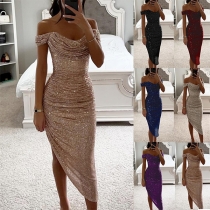 Glamour Bling-bling Paljett Drapperad Axelbandslös Asymmetrisk Fåll Festklänning