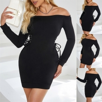 Långärmad off-shoulder klänning, bodycon med snörning på sidan