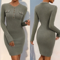 Ribbad Bodycon Klänning med Långärmad Rund Hals