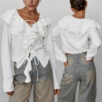 Modetextil Långärmad blus med snörning och volangdetaljer