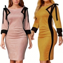 Mode Flerfärgad Randig Tryckt Crew Neck Cut-out Armbåge Ärmlös Bodycon Klänning