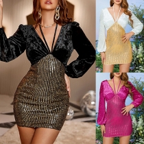 Sexig Bling paljett sammet Halterneck långärmad Bodycon partyklänning