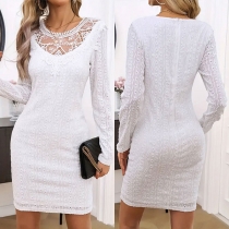 Mode Spets Split Rund Hals Långärmad Utskjutande Bodycon Klänning