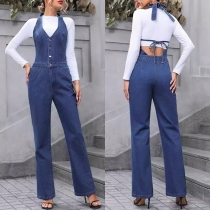 Moderiktig Street Stil Halterneck V-ringad Knappfront Rygglös Rakskuren Denim Jumpsuit