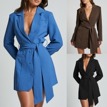 Elegant Notch Lapel Långärmad Självknuten Dräktklänning
