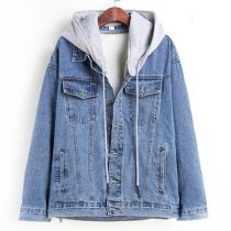 Avtagbar huva, långärmad varm jeansjacka med plyschfoder och vintage tvättad look