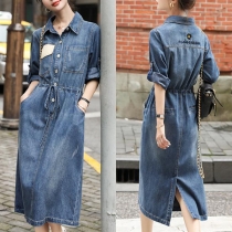 Mode Ståkrage Långärmad Dragsko Midja Ryggslits Vintage Tvättad Denimklänning