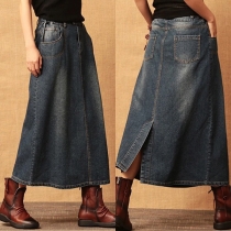 Gammaldags hög midja jeanskjol med slits bak