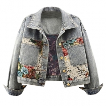 Vintage blommig tryckt ståkrage långärmad crop denimjacka