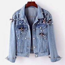 Street Style Pärlprydd Långärmad Tvättad Jeansjacka för Kvinnor