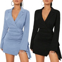Elegant Notch Lapel V-ringad Trumpet Långärmad Klänning med Sidenslits Bodycon