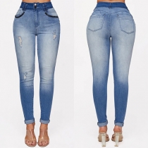 Streetwear Gradient High-Waisted Ripped Skinny Jeans