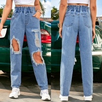 Street Style Stretchig Midja Kraftigt Slitna Raka Jeans