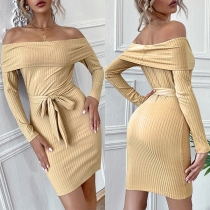 Sexig off-shoulder långärmad självknytande ribbad bodycon klänning