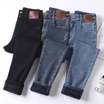 Moda Varma Pälsklädda Smala Jeans i Denim för Kvinnor