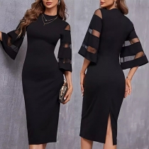 Elegant Crew Neck Sheer Split Sleeve Back Slit Bodycon Dress