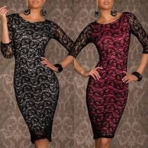Elegant Rund Hals 3/4-ärm Bodycon Spetsklänning