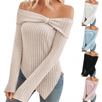 Trendig off-shoulder långärmad asymmetrisk ribbad topp