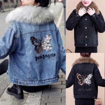 Jeansjacka för kvinnor med broderade fjärilar, avtagbar fuskpäls, skarvad krage och långärmad plyschfoder