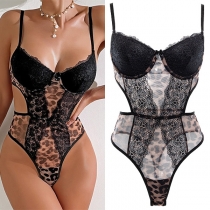 Sexig spetspanel leopardmönstrat rygglös underkläderbody