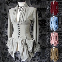 Vintage V-ringad blus med knappar och långa ärmar, fladdrig och oregelbunden design