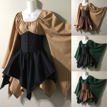 Vintage medeltida inspirerad klänning för kvinnor med snörning framtill och asymmetrisk design