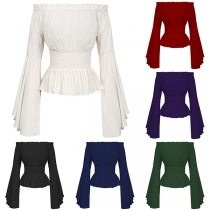 Vintage off-shoulder volang långärmad med smockad midja
