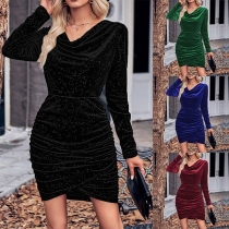 Mode Glittrig Draperad Krage Långärmad Oregelbunden Hemlinje Bodycon Klänning
