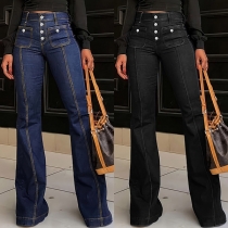 Höga Modeknapp Denimjeans med Vida Lappfickor