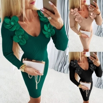 3D Blomapplikationer V-ringad Långärmad Ribbad Bodycon Klänning