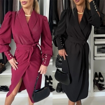 Lapel Fashion Long Sleeve Belted Slit Dress