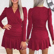 Mode V-ringad Puffärm Volangkant Bodycon Klänning