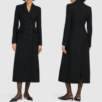 Elegant Notch Krage Långärmad Dubbelknäppt Longline Dufflejacka för Damer