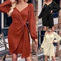 Elegant textur V-ringad långärmad wrapklänning