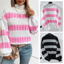 Stickad tröja med kontrastfärg mock neck och långa lanternärmar