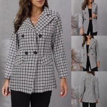 Vintage Houndstooth Print Kavaj Notch Revers Långärmad Dubbelknäppt