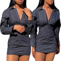 Elegant ståkrage V-ringad långärmad bodycon klänning