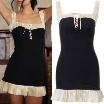 Mode Ruched Square Neck Ärmellös Volangfåll Bodycon Klänning i Kontrastfärg