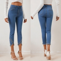 Mid-rise Rivet Fray Hem Skinny Denim Jeans