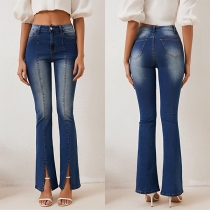 Mode Mid-rise pärla Front Slit Aged tvättade jeans i denim