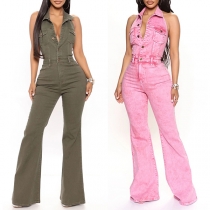 Street Fashion Halterneck Framknäppt Rygglös Vintage Tvättad Denim Jumpsuit