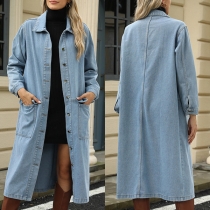 Streetwear Stativkrage Långärmad Patchfickor Knappad Front Lång Gammalt Tvättad Jeansjacka